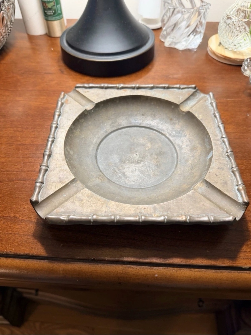 Vintage Brass Ashtray with Bamboo Edge